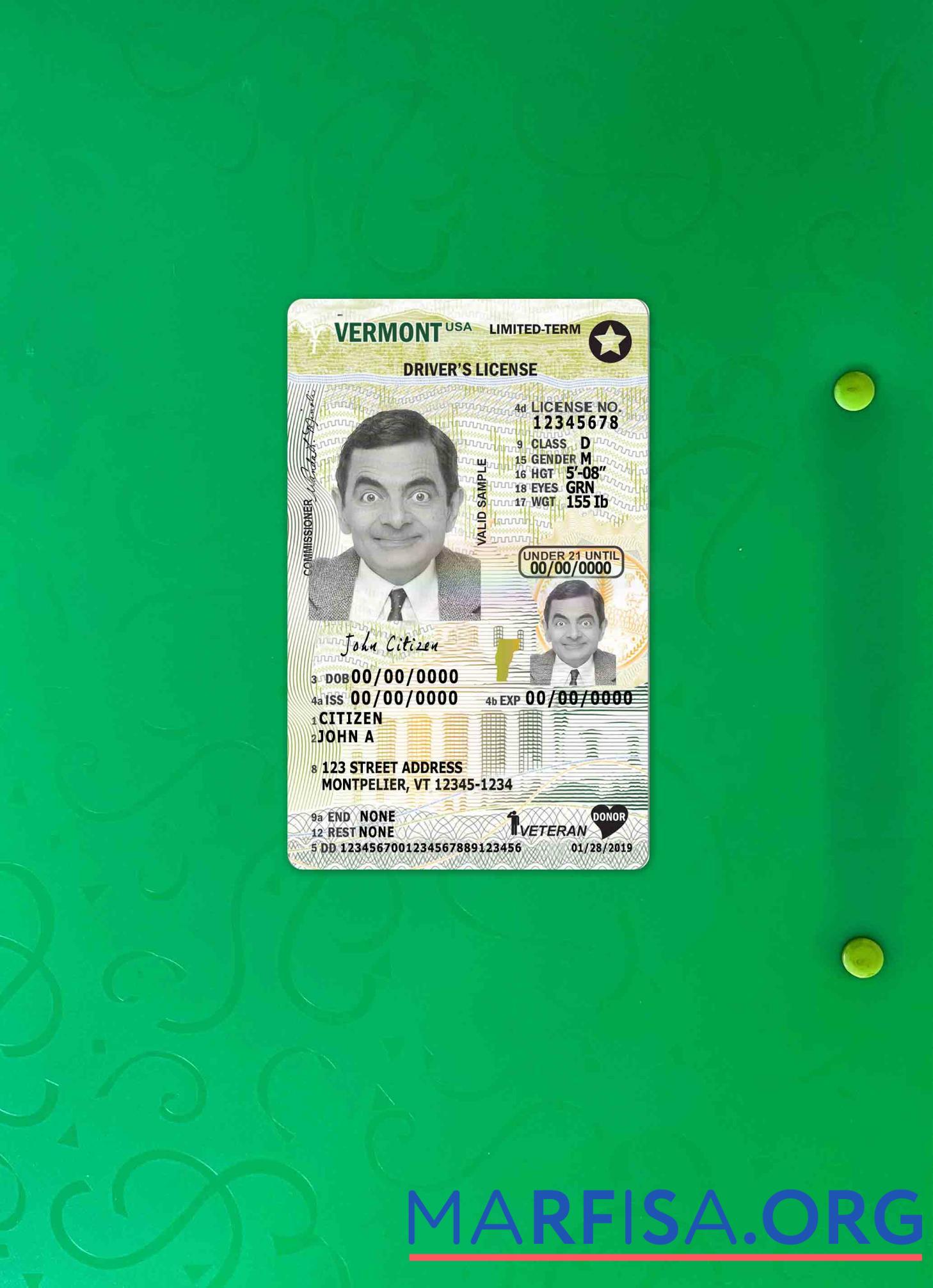 Realistic USA Vermont driving license under 21 photolook download for verification